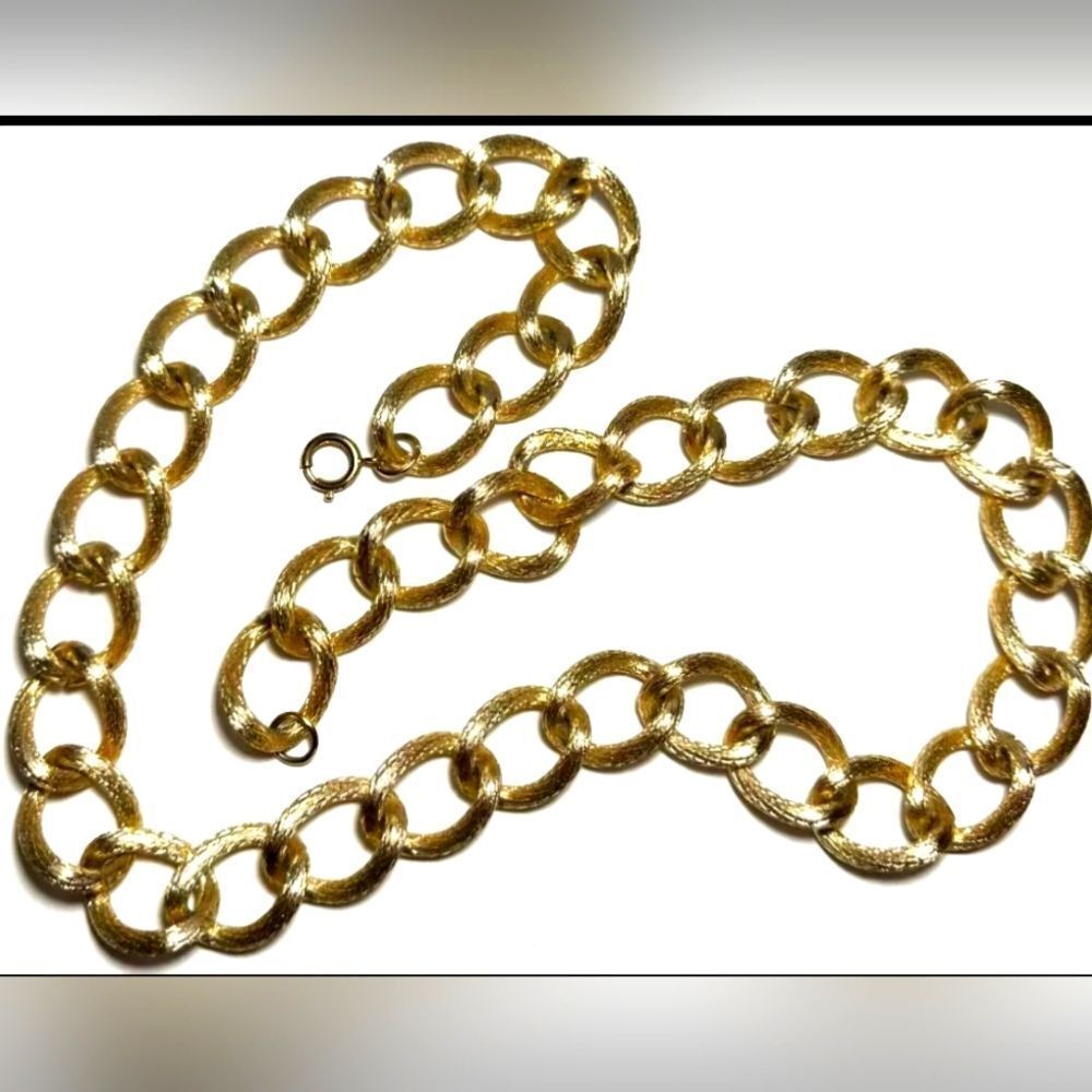  Gold Tone Chain Textured Ring Long Chunky 28" Germany Vtg